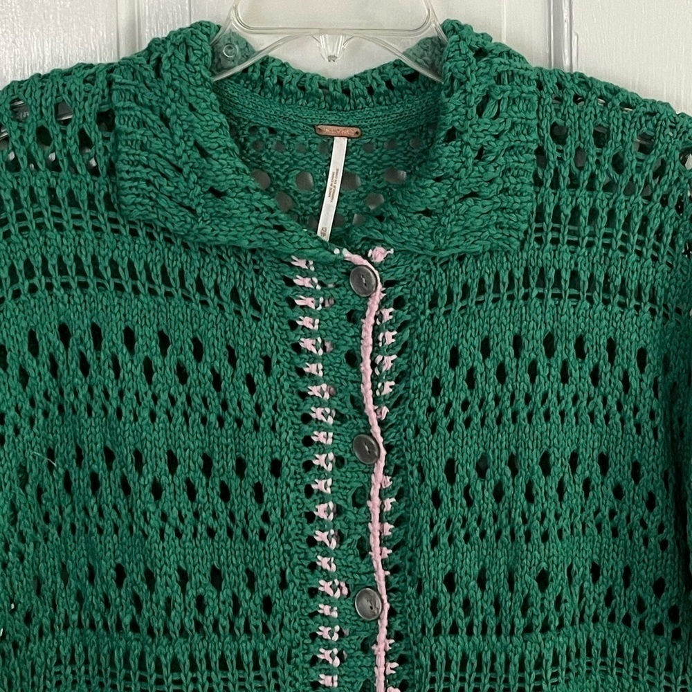 FREE PEOPLE Santa Cruz Club Shirt Golf Green Pink Combo Crochet Grannycore XS - Picture 6 of 16